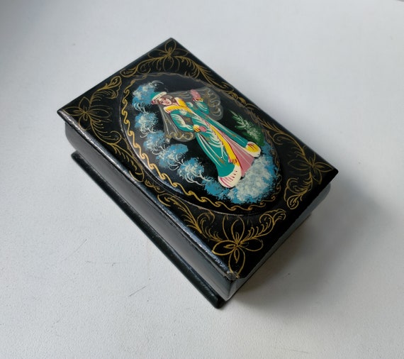 Palekh Lacquered Jewelry Box Vintage Soviet Small… - image 1