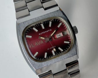Slava Tank 2427 Automatic. Oryginalny, zabytkowy, radziecki, duży i stylowy zegarek mechaniczny. Lata 80.