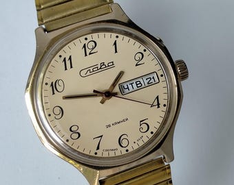 Slava 2428. Gold Plated. Original Vintage Soviet Mechanical Big Stylish Watch. 1980s