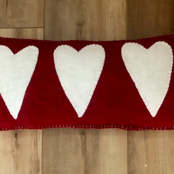 Valentine's Day Valentine Red White Wool Felt Decorative Accent Pillow Hand Stitched Farmhouse Shabby Primitive Country Heart Hearts