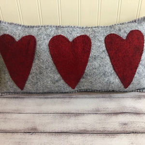 Valentine Valentine's Day Wool Felt Decorative Pillow Accent Hand Stitched Red Gray Grey Farmhouse  Shabby  Primitive Country Farm Heart