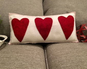 Valentine's Day Valentine Burgundy Wool Felt Decorative Accent Pillow Hand Stitched White Farmhouse Shabby  Primitive Country  Heart Hearts