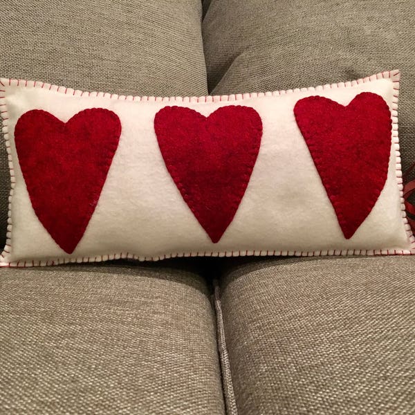 Valentine's Day Valentine Burgundy Wool Felt Decorative Accent Pillow Hand Stitched White Farmhouse Shabby  Primitive Country  Heart Hearts