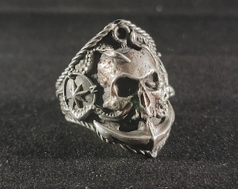 Silver wind rose compass kraken skull ring