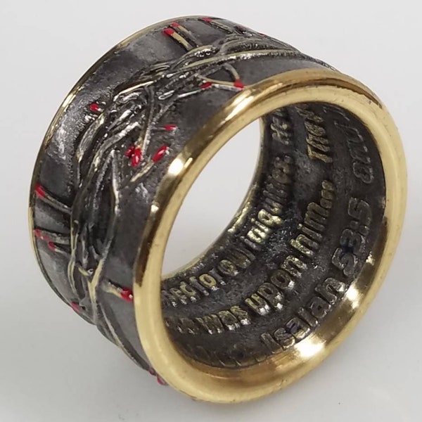Anillo con moneda de la Corona de Espinas (Rey de reyes)*Isaías 53:5*Con o sin puntas de espinas rojas