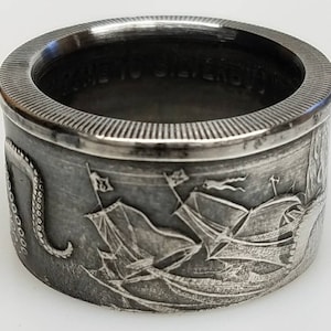 Kraken Ring*Tall Ship Ring*Treasure Ring* Storm Ring*Pirates Ring*Ship Wreck Ring*Davy Jones Ring*Approximately 1oz999 Silver Coin Ring*EPIC