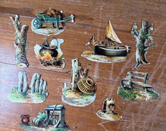 Lot de 11 pièces : Grand journal créatif rustique avec paysages extérieurs, techniques mixtes et scrapbooking. Ensemble d'éphémères vintage, papier découpé victorien.