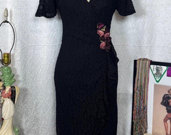 Vintage Black Floral Lace Dress Asymmetrical  Ruffle w/ flowers 1990s sz 4 Midnight Glo