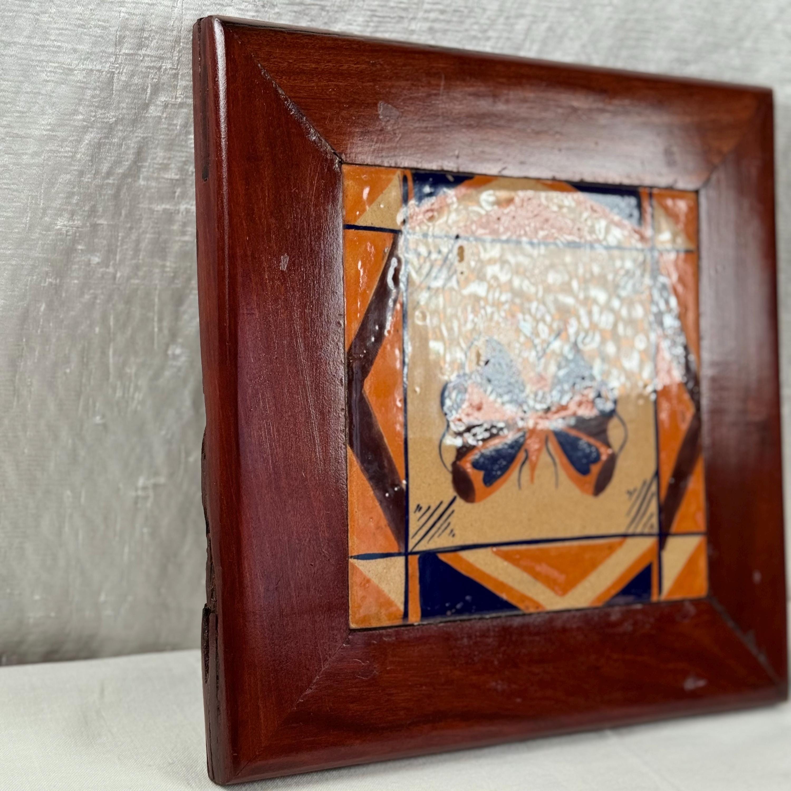 260407-4⭕️ 陶芸　陶器　アート　手芸 Vtg Ceramic Framed Art Tile Vintage 70s Butterfly Wood Wall