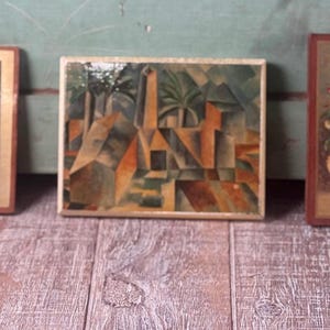 Lote Vtg (1) Impressão em madeira em miniatura de Picasso Mini arte de parede em madeira decoração para casa Tamanho de cartão postal La Fabrica de Horta de Ebro