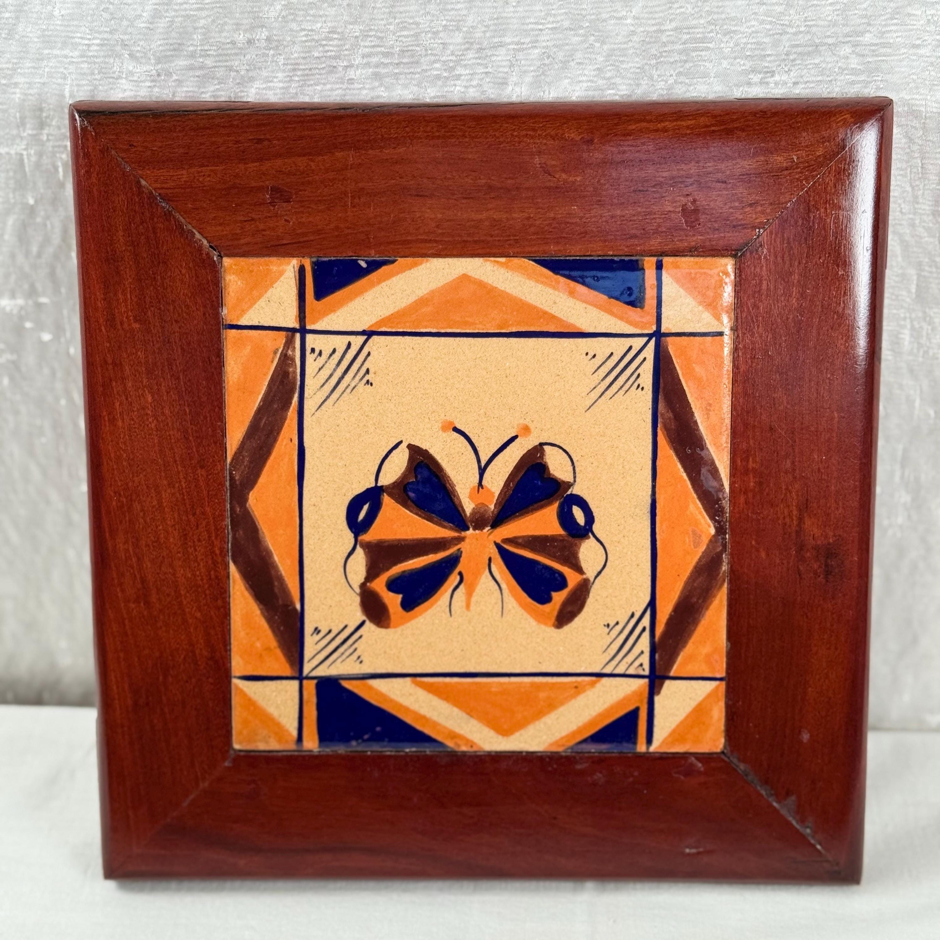 260407-4⭕️ 陶芸　陶器　アート　手芸 Vtg Ceramic Framed Art Tile Vintage 70s Butterfly Wood Wall