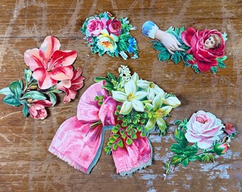 Lot de 5 découpes de papier vintage (fleurs et nœuds) pour scrapbooking, junk journal et techniques mixtes. Papier découpé victorien.