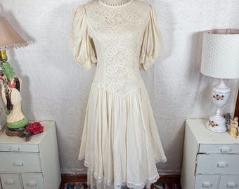 Vintage Jessica McClintock Cream Cotton Lace Prairie Dress Boho Festival Sz 8