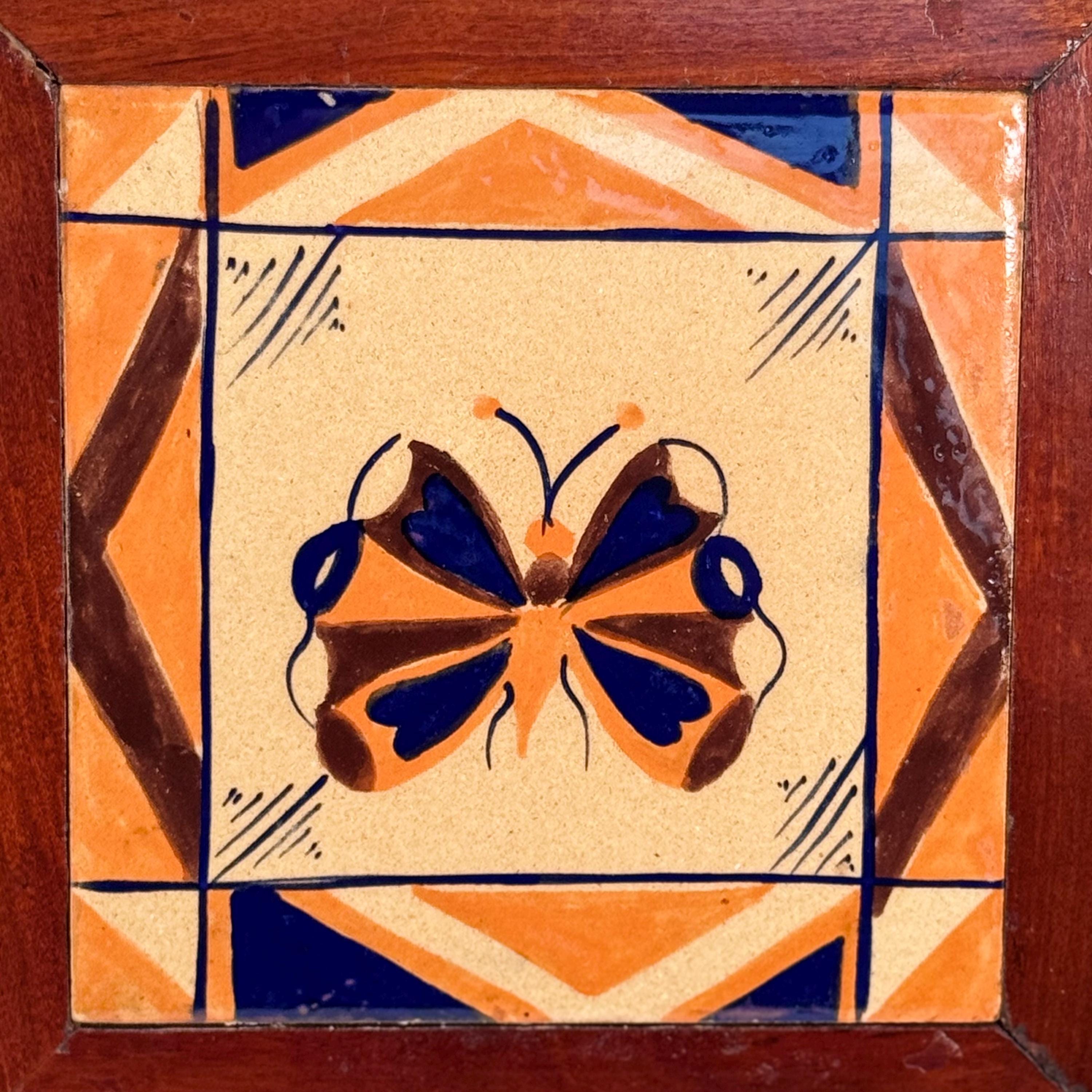 Vtg Ceramic Framed Art Tile Vintage 70s Butterfly Wood Wall