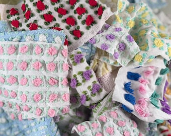 Lote vintage de retazos de chenilla para mantas y colchas, piezas para cortar, reciclaje, bordado lento, diario de recortes, bordado lento, tela de algodón, manualidades, acolchado, costura