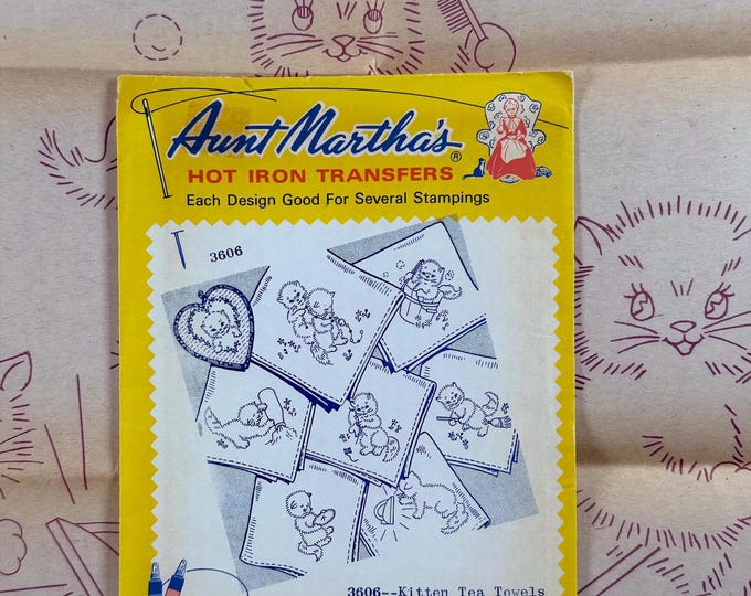 New Vintage Aunt Marthas #3606 Patterns Kitten Tea Towels Hot Iron ...