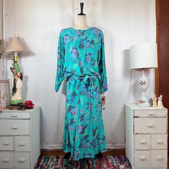 carole little maxi dress NWT Carole Little Cottage Core Blouson Dress Sz 10 Aqua Blue Floral Maxi  Vintage