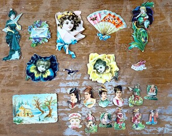 Lot de 22 petites découpes pour scrapbooking, junk journal et techniques mixtes. Ensemble d'éphémères vintage, style victorien.