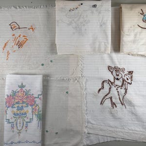 Vintage 6 pc Lot Cross Stitch Unfinished Projects Job Lot Pillow Cases Runners Linen Cotton Birds Deer Salavage Upcycle Slow Stitch