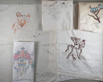 Lote vintage de 6 piezas de punto de cruz, proyectos sin terminar, lote de fundas de almohada, caminos de mesa, lino, algodón, pájaros, ciervos, reciclaje, costura lenta.