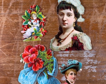 Lot de 5 grandes découpes pour scrapbooking, junk journal et techniques mixtes. Ensemble d'éphémères vintage, papier découpé victorien.