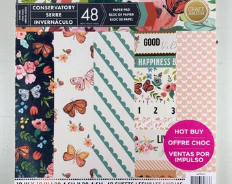 Bloc de papel Craft Smith Conservatory 12 x 12 (46 páginas) Junk Journal, técnica mixta, scrapbooking, hojas para hacer tarjetas, efímeros, mariposas y flores.