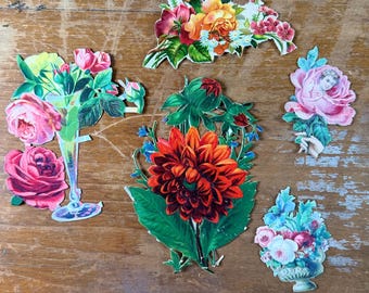 Lot de 5 découpes de papier vintage (fleurs et anges) pour scrapbooking, junk journal et techniques mixtes. Papier découpé victorien.