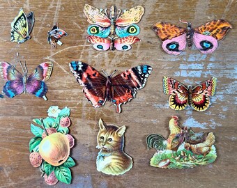 Lot de 11 pièces : papillons, chat, fruits, découpes pour scrapbooking, junk journal, techniques mixtes, éphémères vintage, papier victorien découpé.