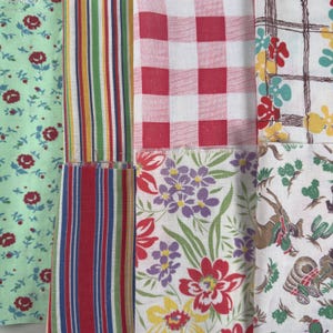 7 Pc Lot Red Green Remnants Scraps Feedsack Feed Sack Flour Sack Cotton Quilt Fabric Floral Western