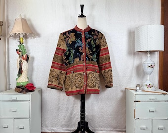 Vtg Gorgeous Vibrant Maximalist Tapestry Style Button Up Jacket Coat Sz 14