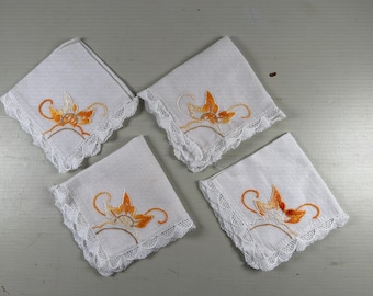 Lote de 4 servilletas vintage de lino blanco bordadas a punto de cruz, de algodón, para mesa y uso doméstico.