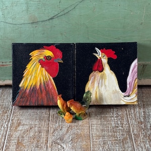 Curated 5 pc Lot Rooster Hen Wall Art Home Decor w/ 3 Little Vintage Miniatures Country Cottage Core