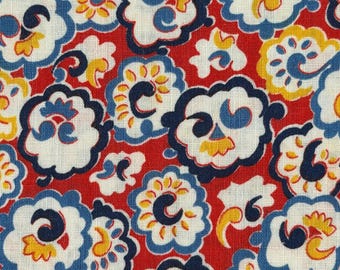 Tela de algodón vintage de los años 30 y 40, 35"x36", para acolchado, manualidades, costura, diario de recortes, estilo cottagecore, escala pequeña, rojo, amarillo, azul marino, floral geométrico.