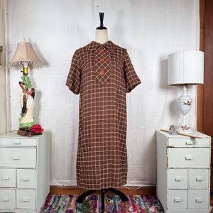 Vtg 60s Brown Plaid Big Button Accent Metal Zip A Line Dress  22/21/22 Handmade