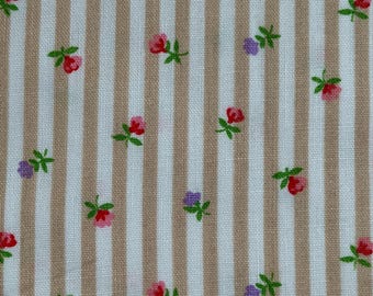 Tela de algodón para patchwork vintage de los años 90, 43" x 34", estampado floral rosa y morado a pequeña escala sobre fondo de rayas color topo, estilo cottagecore victoriano shabby chic.