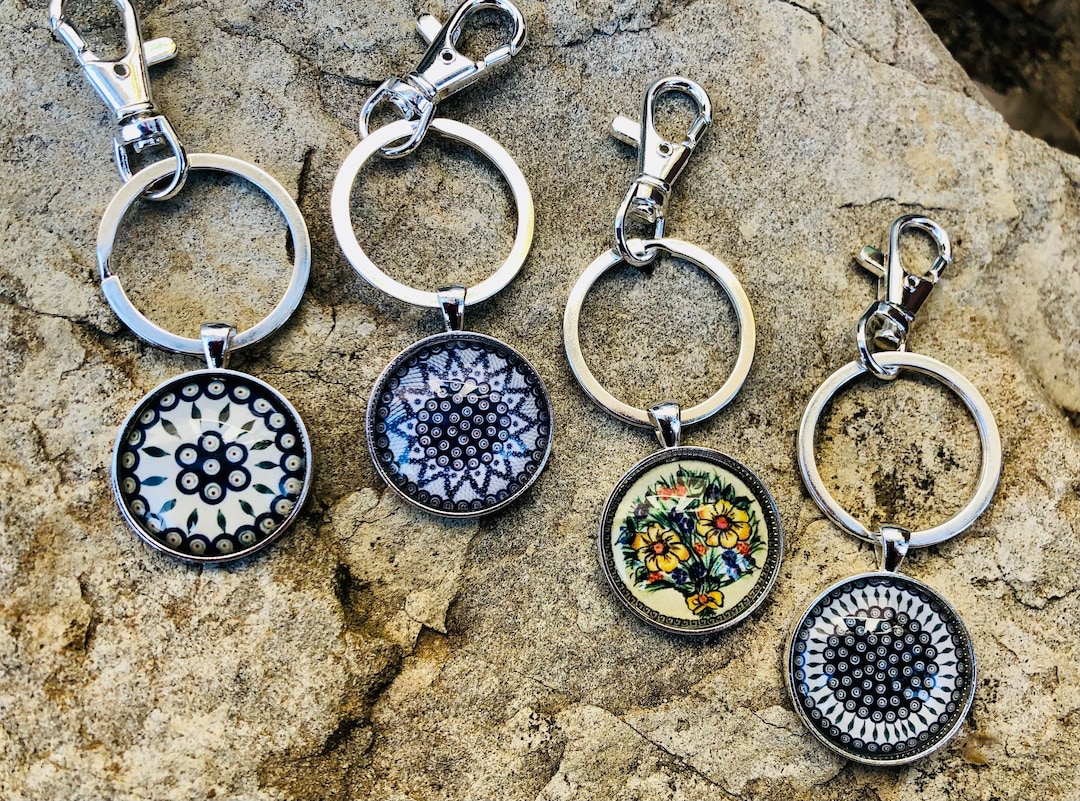 Polish Pottery Key Ring, Polish Pottery Gift, Key Chain Gift, Silver ...