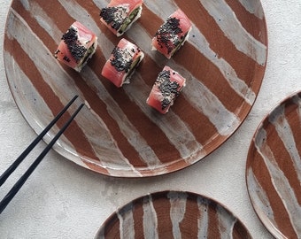 Set of 3 Ceramic Plates: A Serving Plate and two small plates. Blue Gray Stripes, Handmade, Wheel Thrown Pottery, Hostess Gift, Cake Plate