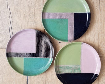 Ceramic Serving Plates,Green, Pink and Black Set of Three Handmade Plates, Unique Gift, Special combination of colous, Kitchenware