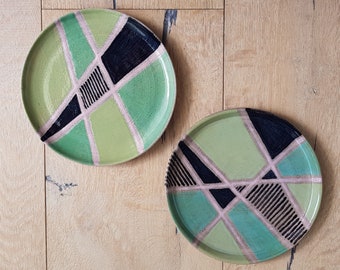 Set of Two Ceramic Plates,  Handmade Gift, Ceramic Serving Plates, Green and Pink, Painted with special combination of colous, Kitchenware