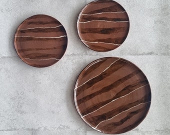 Set of 3 Ceramic Plates: A Serving Plate and two small plates. Brown and White Stripes, Handmade, Wheel Thrown Pottery, Hostess Gift