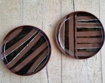 Set of 2 Ceramic Plates, Dark Brown Lines on Terracota clay, Antipasti Serving Plates, Pottery Handmade, Wheel Thrown Pottery, Hostess Gift