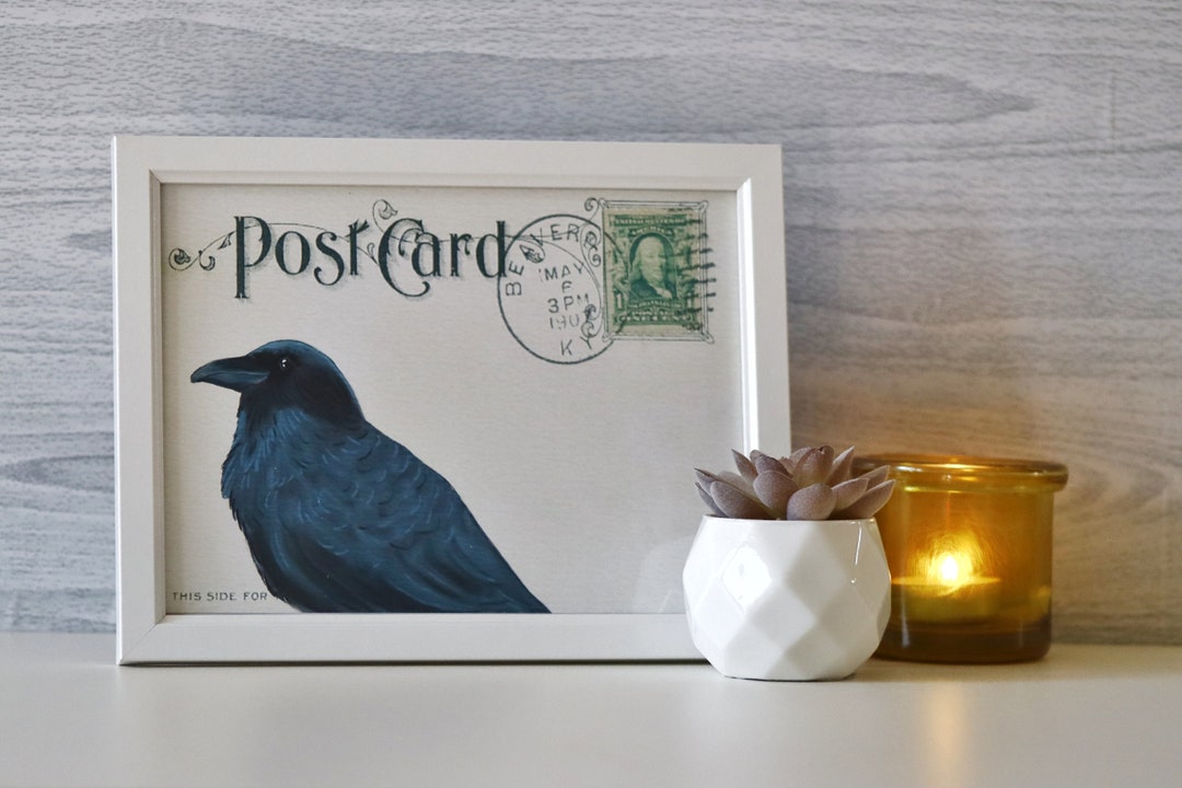Watercolor Crow Postcard Print: Vintage Ephemera Art - Etsy