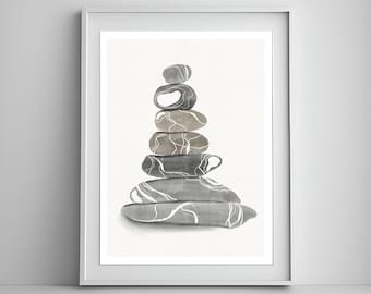 Zen Balancing Stone Art Print: Coastal Pebble Watercolor