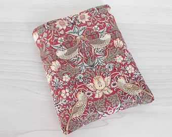Red Strawberry Thief Book Sleeve with Closure and Front Pocket – two sizes, Padded Book Pouch, Fabric Book Cover, Paperback Book Protector
