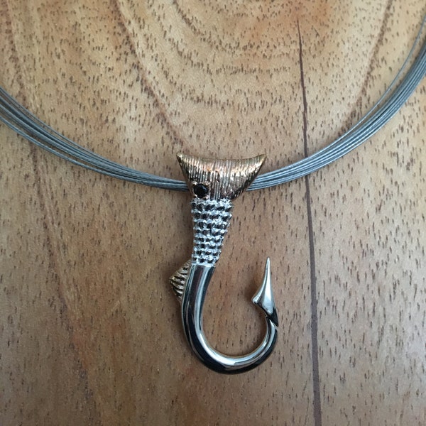 Redfish Tail  Hook Pendant , Sterling with Rose Gold Plating