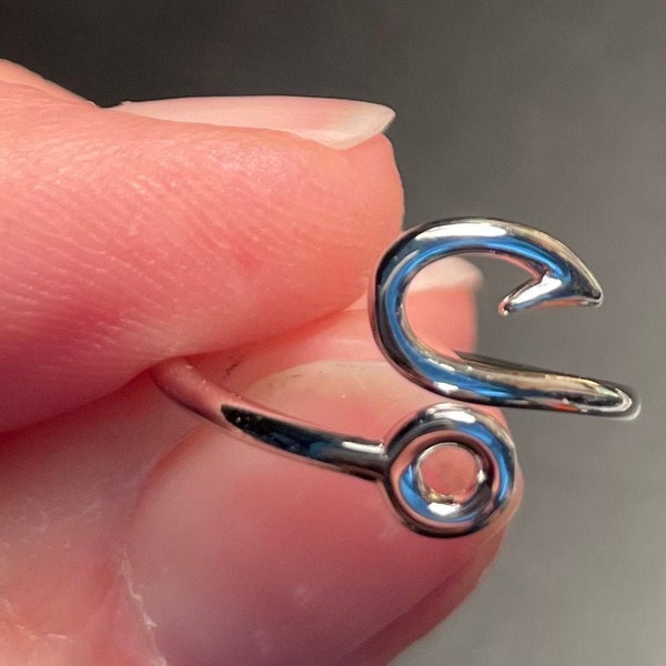 Sterling Silver Fish Hook Ring, adjustable up to size 8, Fishing jewelry, Lady Angler. **Free Shipping**