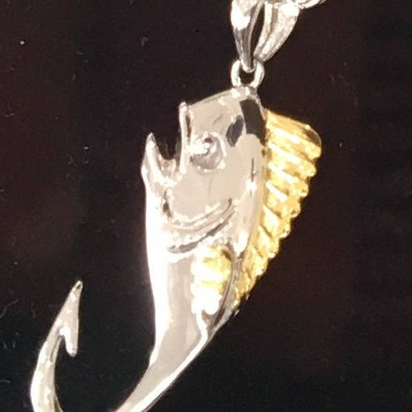 Fish Hook Pendant with Necklace, Just Hookin, Mahi Hook Pendant, Dolphin Pendant, Sterling, Gold