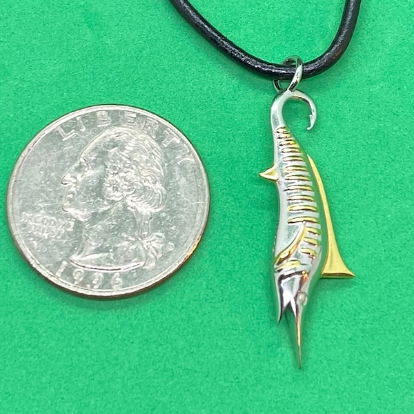 Marlin pendant, solid Sterling Silver w 10kt gold plating, original design, fish hook pendant