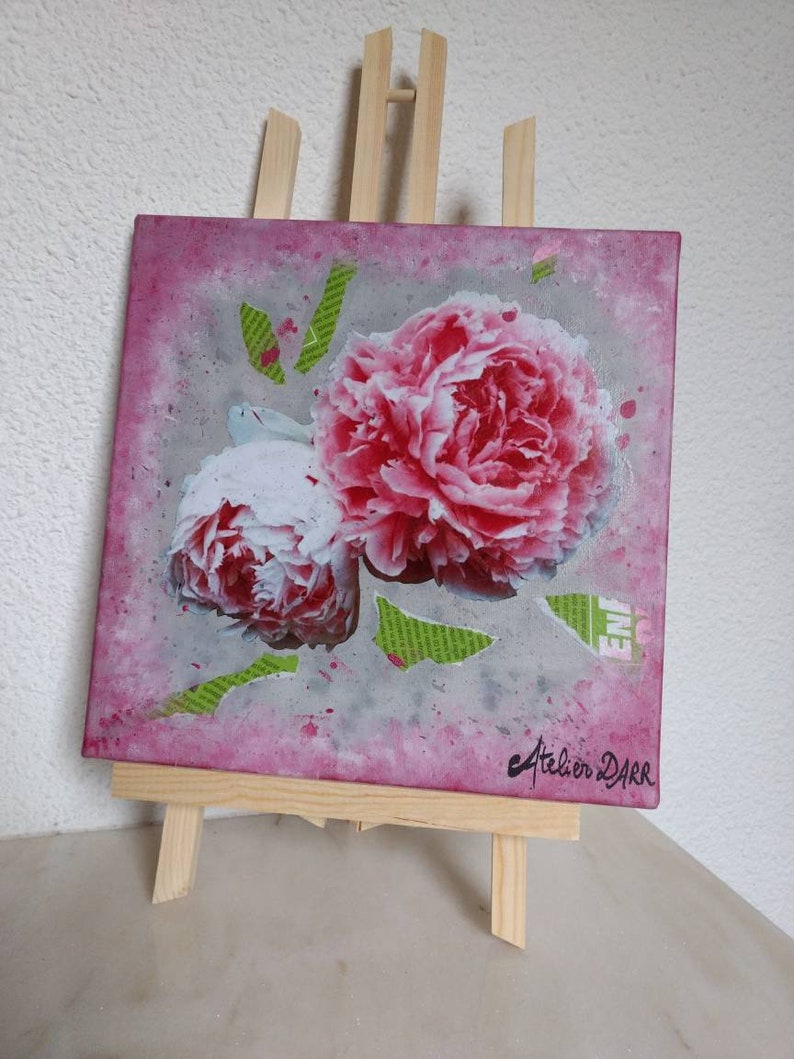 Painting of peonies mixed acrylic technical canvas and recovery of pink and green newspaper Peonies of Josephine,