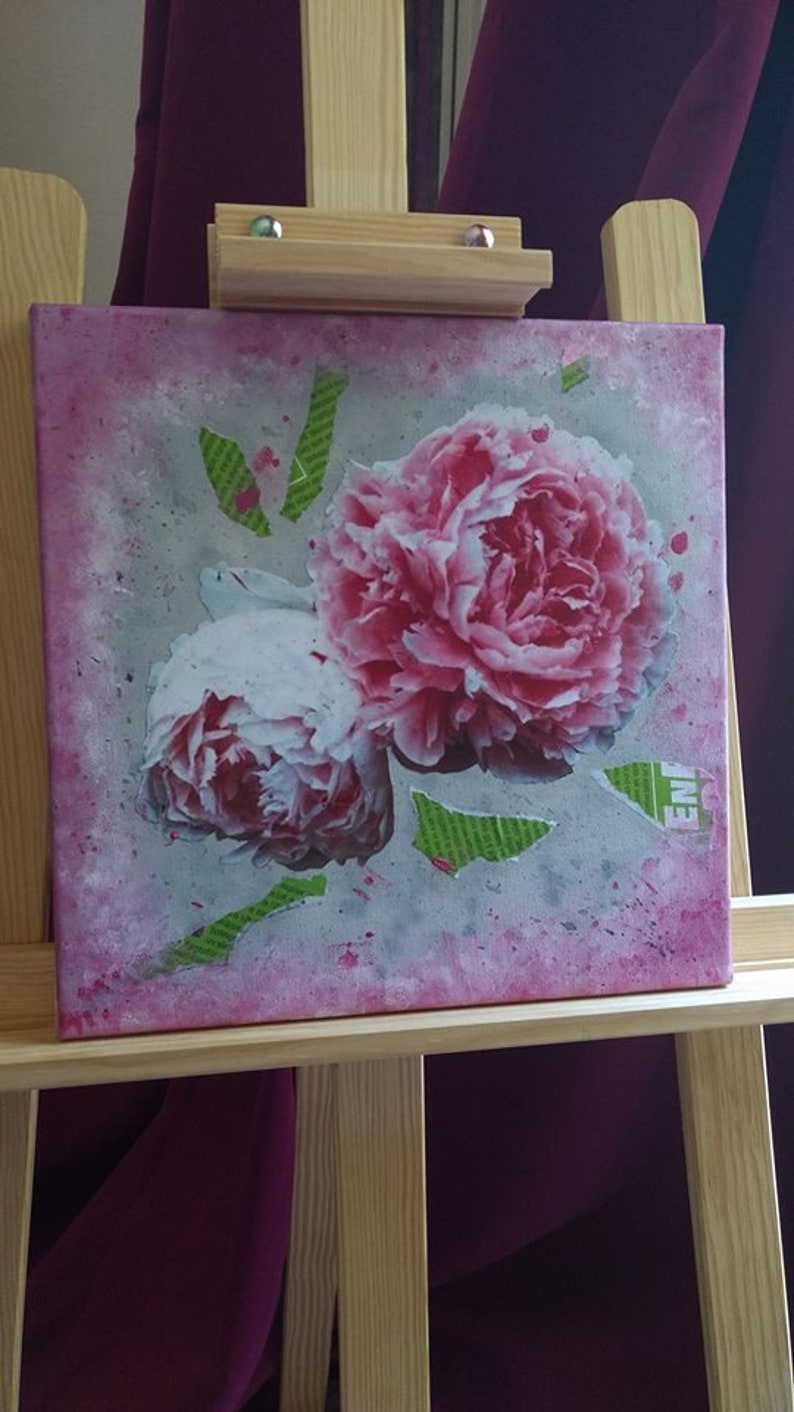Painting of peonies mixed acrylic technical canvas and recovery of pink and green newspaper Peonies of Josephine,